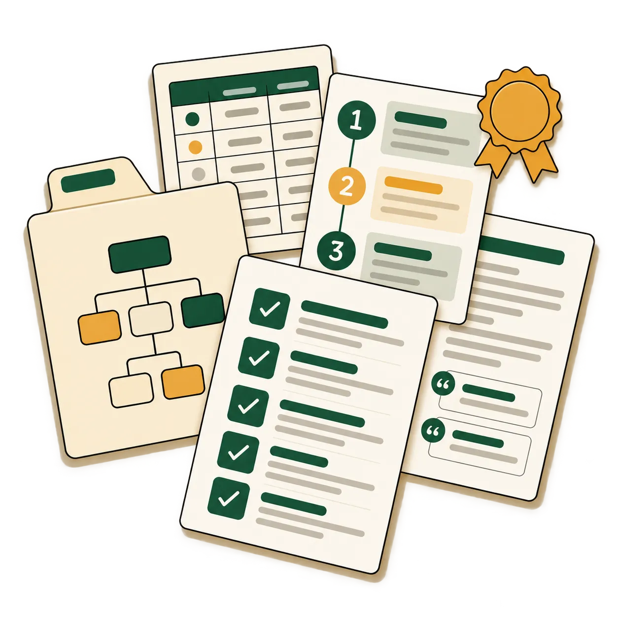 The starter kit contents shown as tilted document cards: the folder structure, a checklist, a numbered three-step guide, and the AGENT-INSTRUCTIONS file.